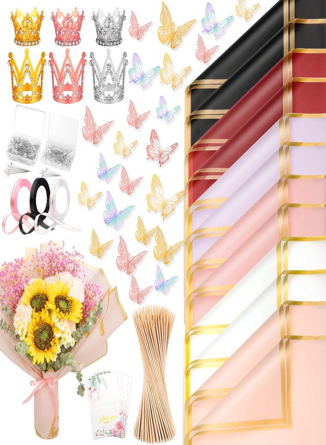 LifeisLuck 276 PCS Flower Wrapping Paper Bouquet Kit, 30 Sheets Waterproof Floral Wrapping Paper With Ribbons, Flower Pearl Pins, Bamboo Skewers, 3D Butterflies Crowns for Florist Craft Mother's Day Birthday - Image 1